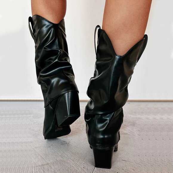 New Black Pointed Toe Fold-Over Cowboy Cowgirl Western Boots Mid Calf Block Heel - Picture 4 of 4